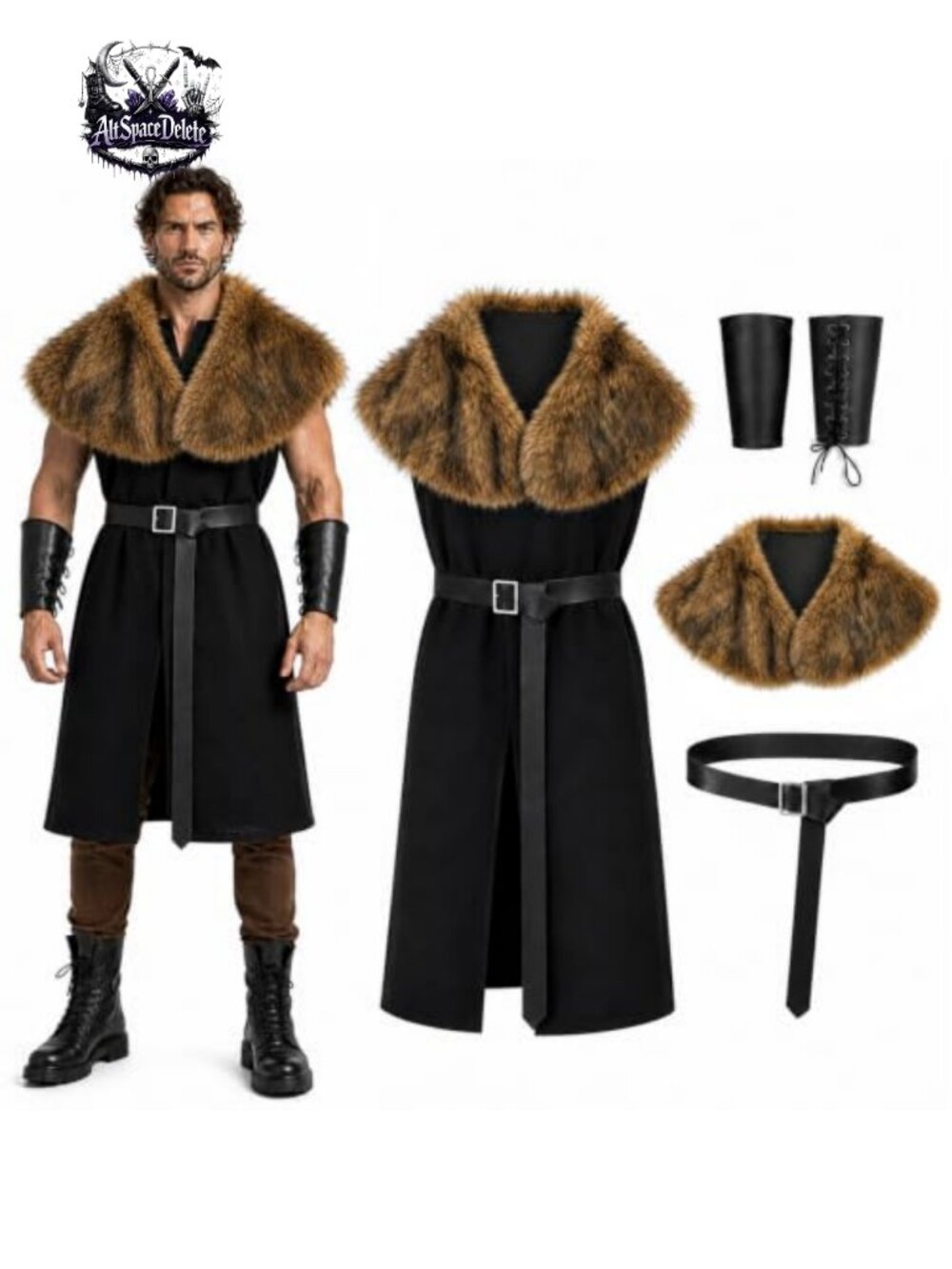 Medieval Viking Knight Costume Set Tunic Belt Wrist Cuffs Cosplay